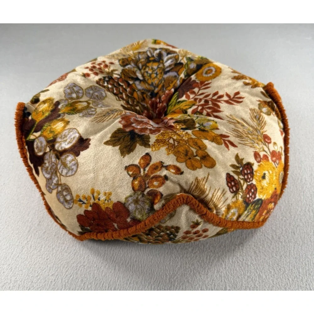 VTG 70s Velvet Floral Round Throw Pillow Orange Green Retro Boho MCM